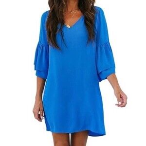 Blue layered bell sleeve shift dress size medium NWT